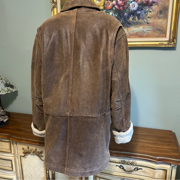 Wilsons Pelle Studio Brown Leather Sherpa Fur Lined Mid Length Heavy Winter Coat - Picture 7 of 17